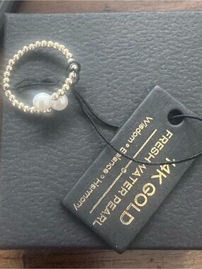 14K Gold Beaded Pearl Accent Ring - Gold